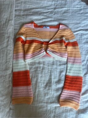 Grey Bandit Striped Crochet Twist-Front Crop Top in Multi-Color